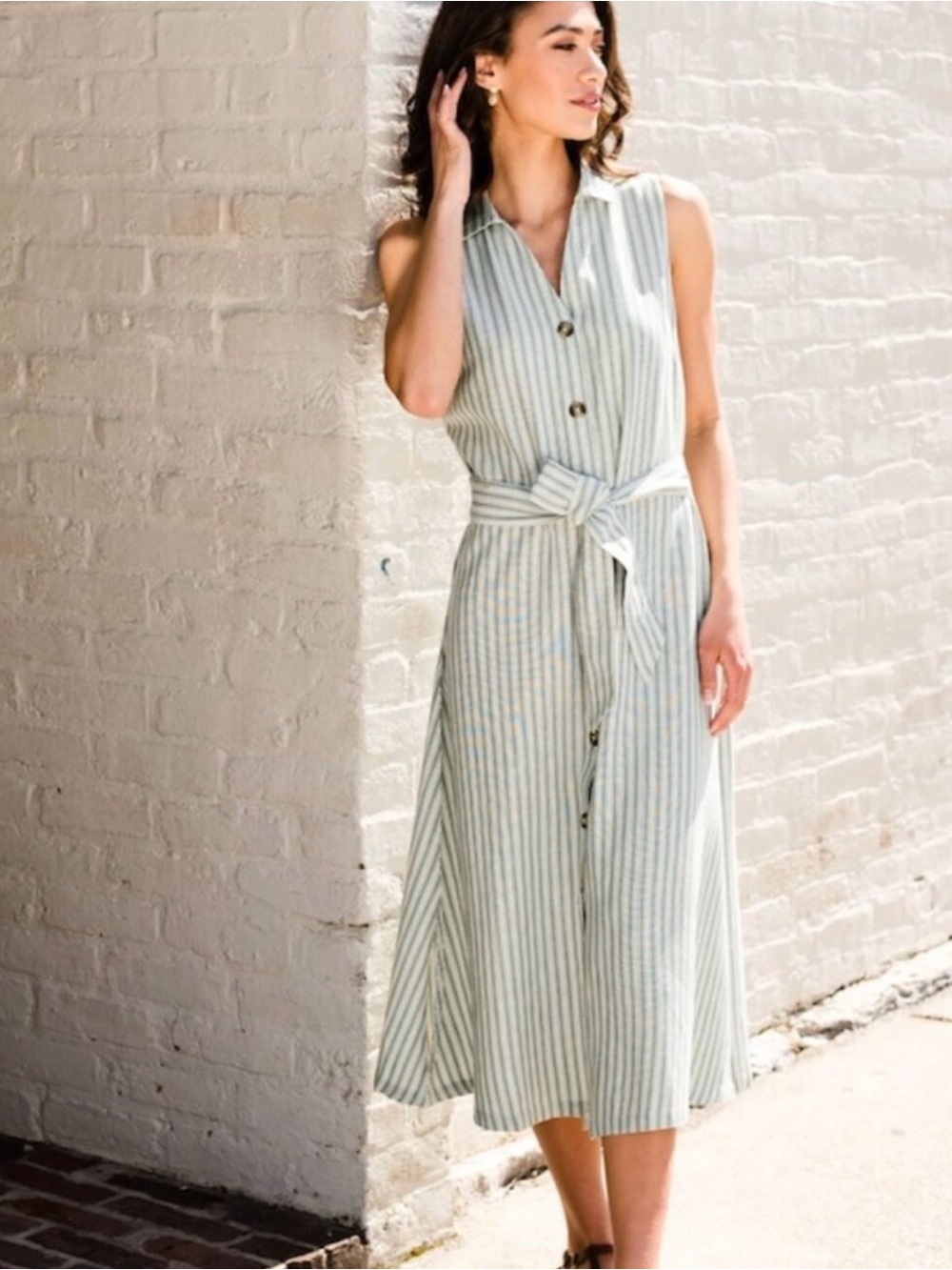 Able Sleeveless Striped Button-Front Dress in Sage and White